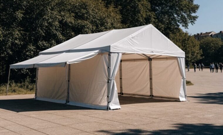 TendaSlider sendo montada para evento, solução de aluguel de tenda no Brasil